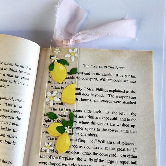 Lemon Fruit Print Bookmark Pink Yellow Cutesy Coquette Bookish Gift For Her - Picture 4 of 9